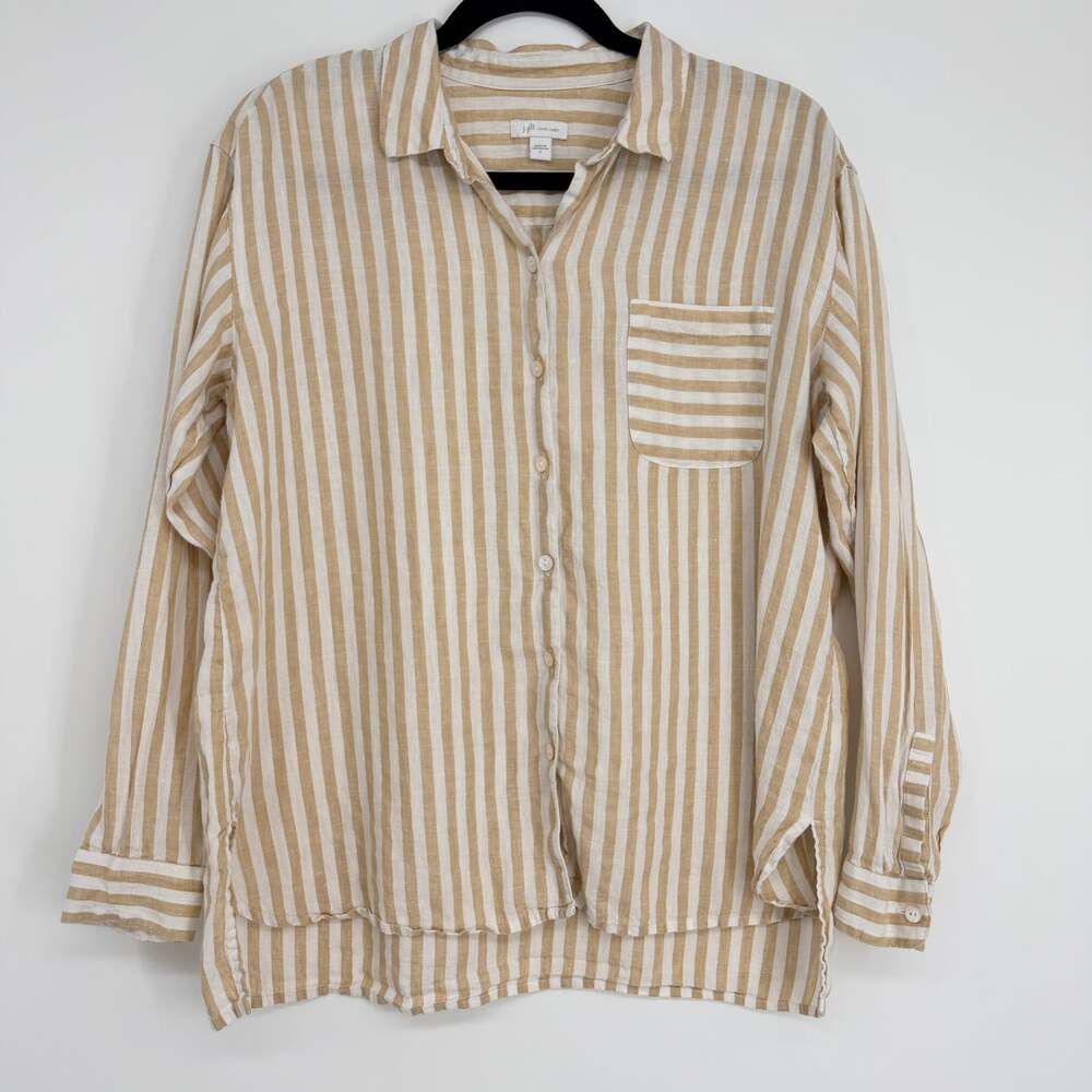 J. Jill LOVE LINEN Striped Button Down Shirt Beige White 100% Linen Womens Small